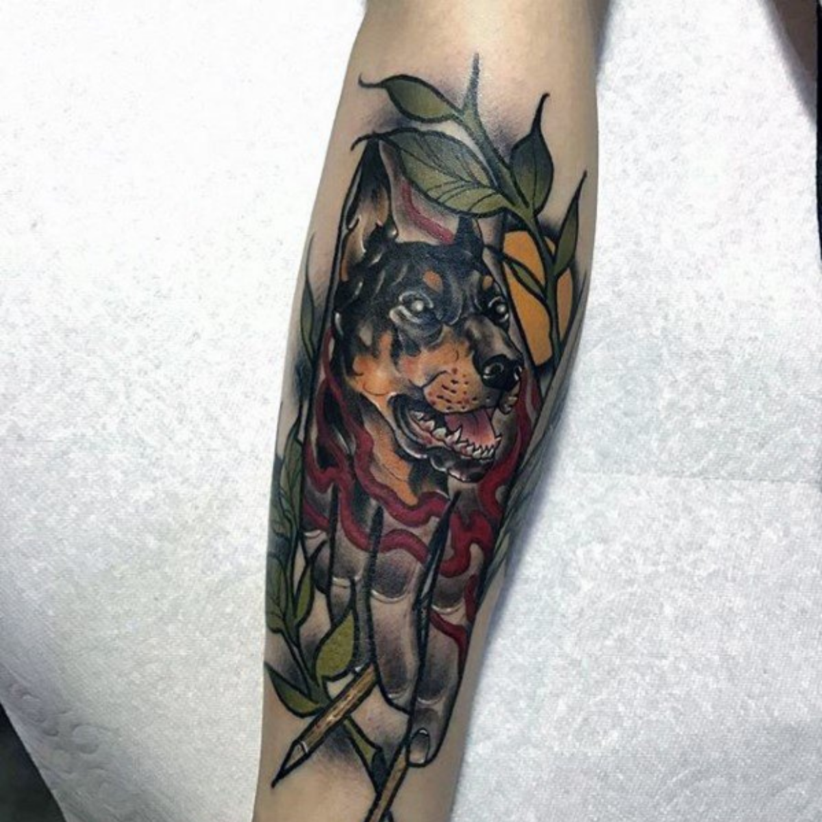The Doberman Gang tattoo on the thigh