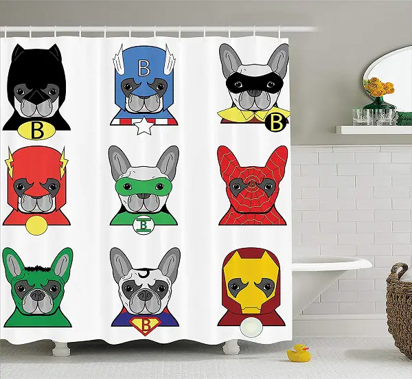 A shower curtain with French Bulldog superheroes print