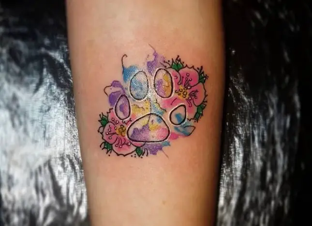 Flowers In Paw Print Tattoo